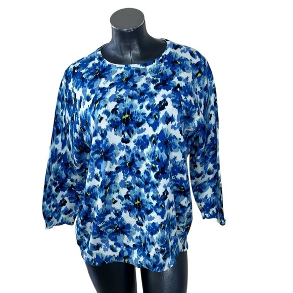 LANDS' END Blue Floral Supima Cotton Crewneck Sweater 3/4 Sleeve Women's XL - Picture 3 of 16
